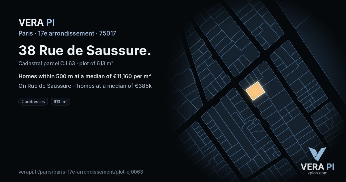 38 Rue de Saussure, 17e arrondissement at night – the plot lit, the parcels around coloured by the prices near them