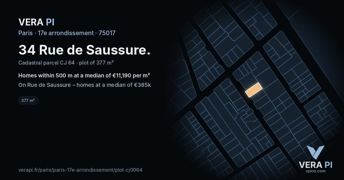 34 Rue de Saussure, 17e arrondissement at night – the plot lit, the parcels around coloured by the prices near them