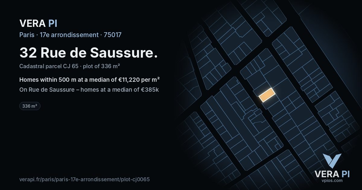 32 Rue de Saussure, 17e arrondissement at night – the plot lit, the parcels around coloured by the prices near them