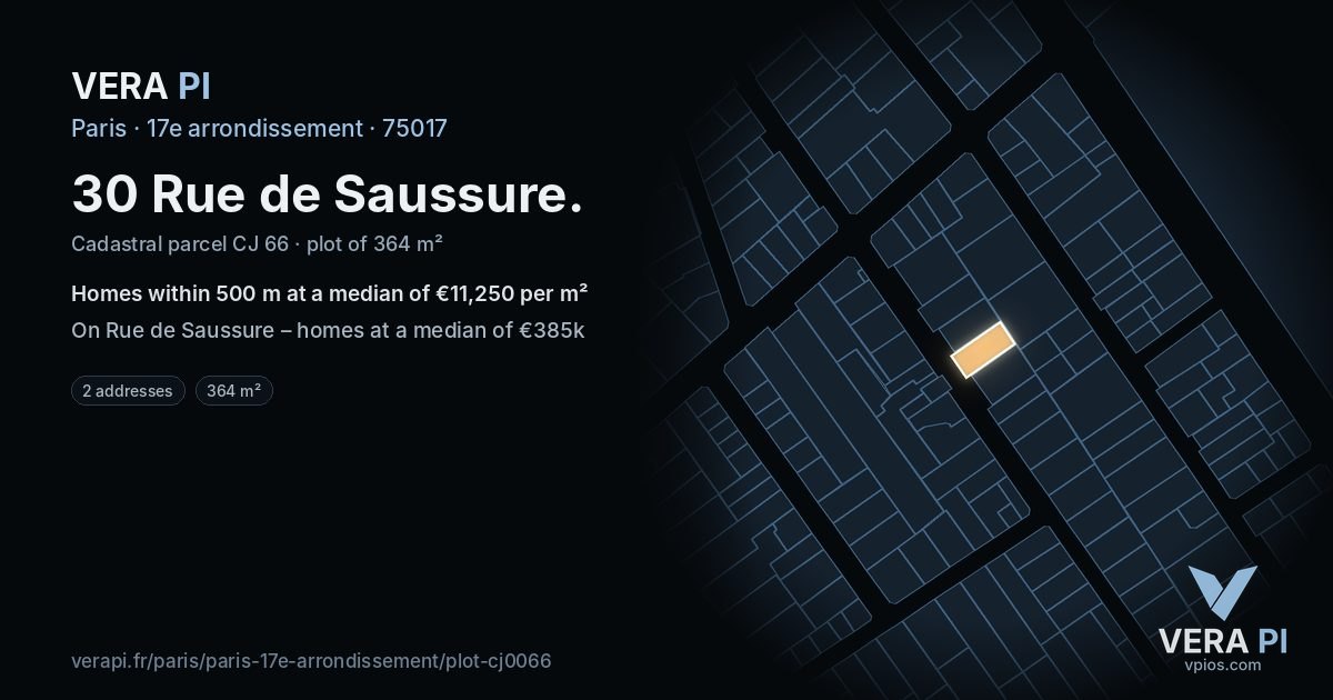 30 Rue de Saussure, 17e arrondissement at night – the plot lit, the parcels around coloured by the prices near them