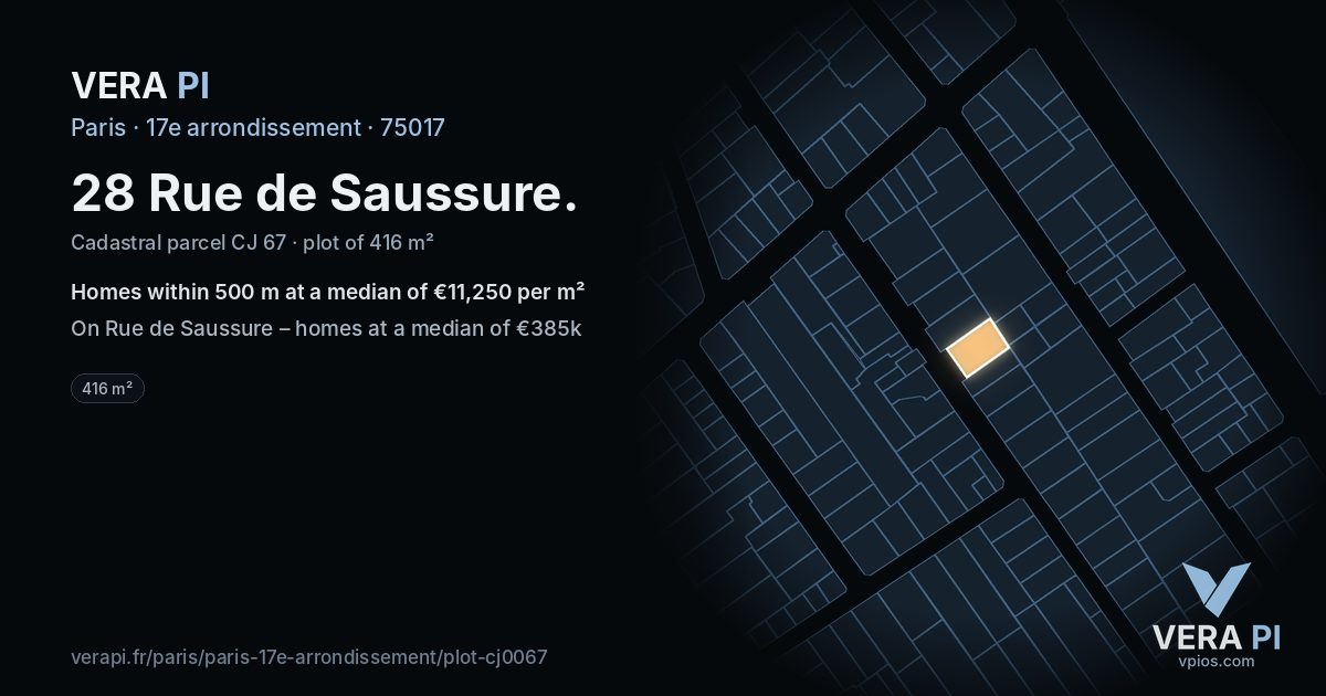 28 Rue de Saussure, 17e arrondissement at night – the plot lit, the parcels around coloured by the prices near them