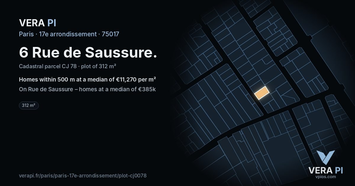 6 Rue de Saussure, 17e arrondissement at night – the plot lit, the parcels around coloured by the prices near them