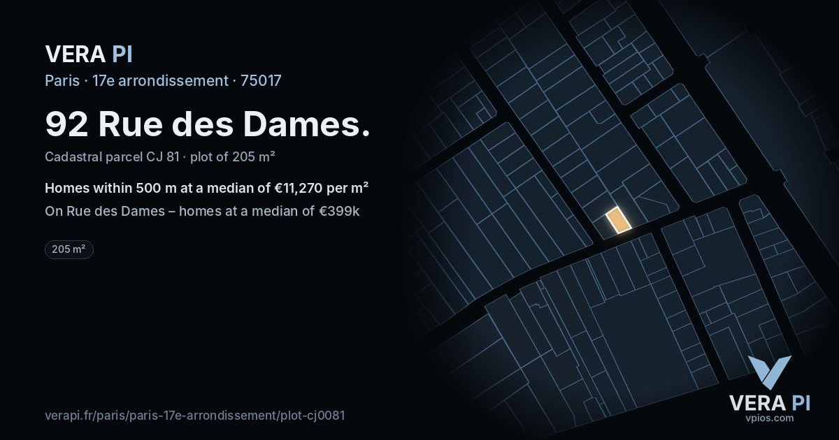92 Rue des Dames, 17e arrondissement at night – the plot lit, the parcels around coloured by the prices near them