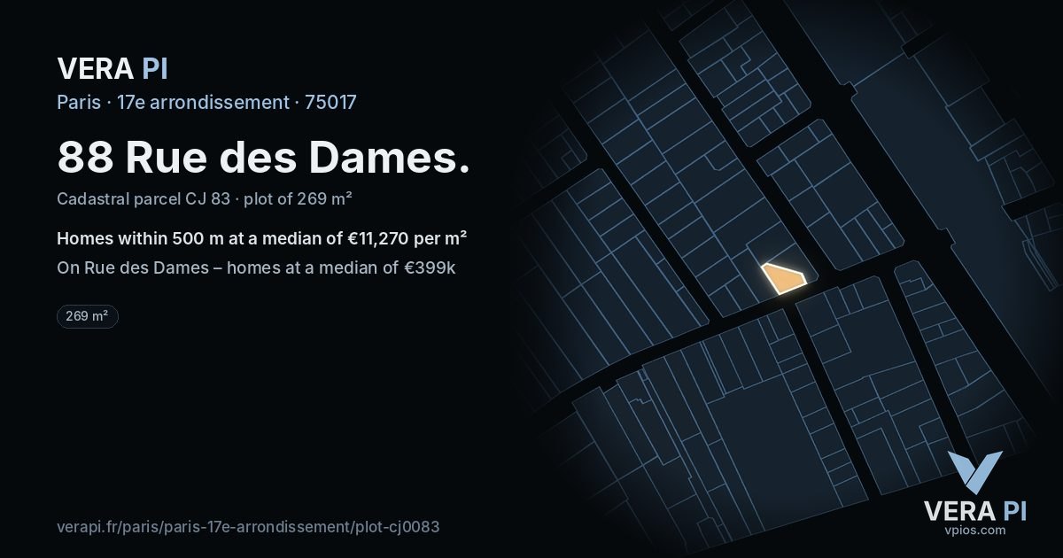 88 Rue des Dames, 17e arrondissement at night – the plot lit, the parcels around coloured by the prices near them