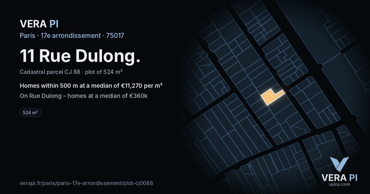 11 Rue Dulong, 17e arrondissement at night – the plot lit, the parcels around coloured by the prices near them