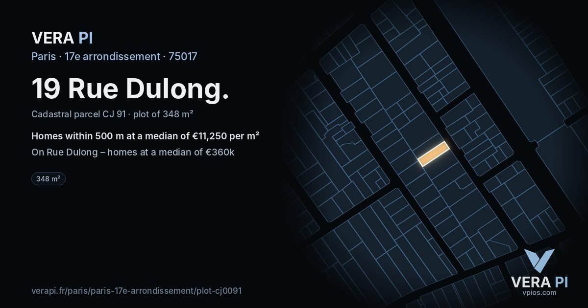 19 Rue Dulong, 17e arrondissement at night – the plot lit, the parcels around coloured by the prices near them