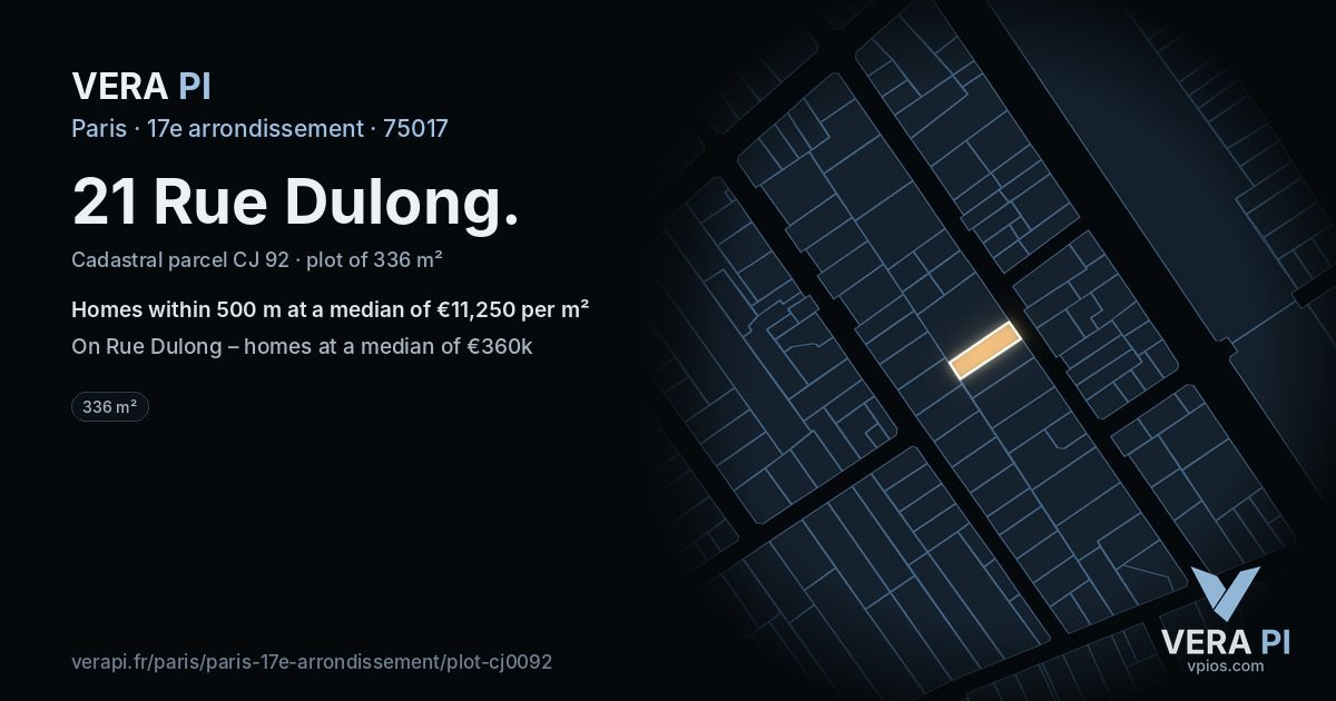 21 Rue Dulong, 17e arrondissement at night – the plot lit, the parcels around coloured by the prices near them