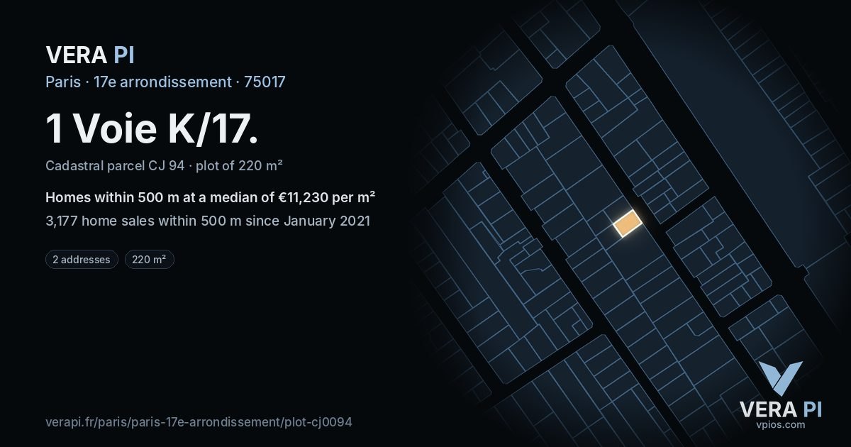 1 Voie K/17, 17e arrondissement at night – the plot lit, the parcels around coloured by the prices near them