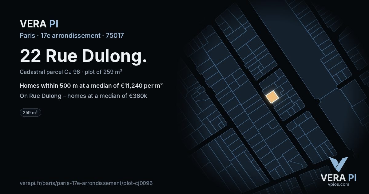 22 Rue Dulong, 17e arrondissement at night – the plot lit, the parcels around coloured by the prices near them