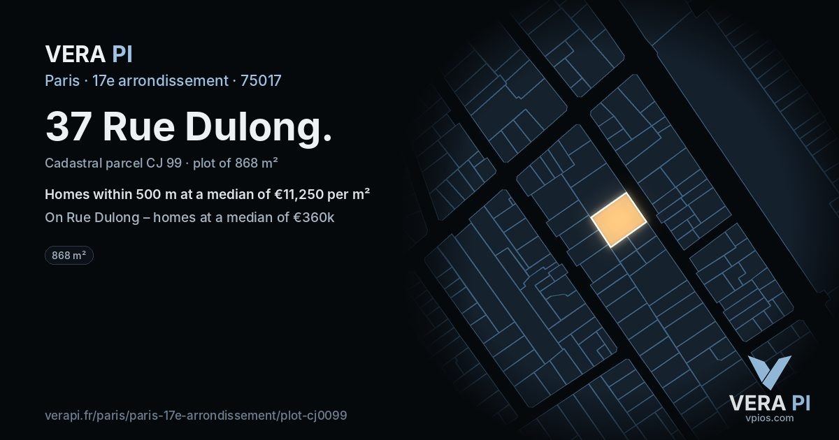 37 Rue Dulong, 17e arrondissement at night – the plot lit, the parcels around coloured by the prices near them