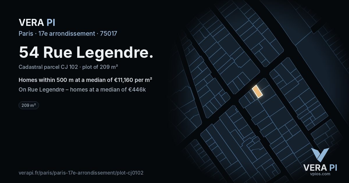54 Rue Legendre, 17e arrondissement at night – the plot lit, the parcels around coloured by the prices near them