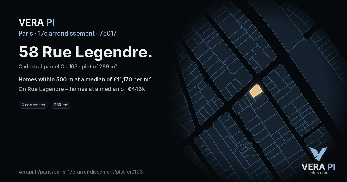 58 Rue Legendre, 17e arrondissement at night – the plot lit, the parcels around coloured by the prices near them