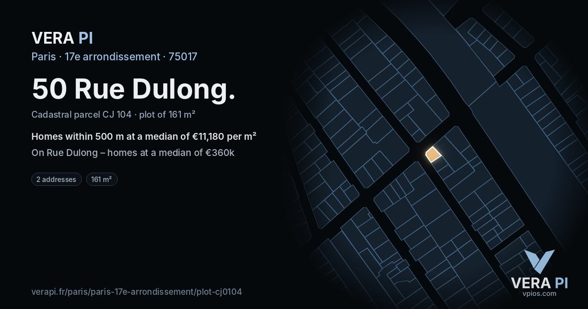50 Rue Dulong, 17e arrondissement at night – the plot lit, the parcels around coloured by the prices near them