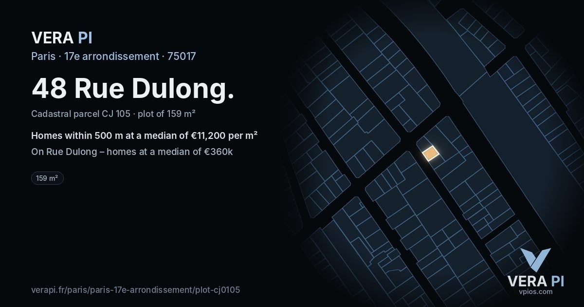 48 Rue Dulong, 17e arrondissement at night – the plot lit, the parcels around coloured by the prices near them