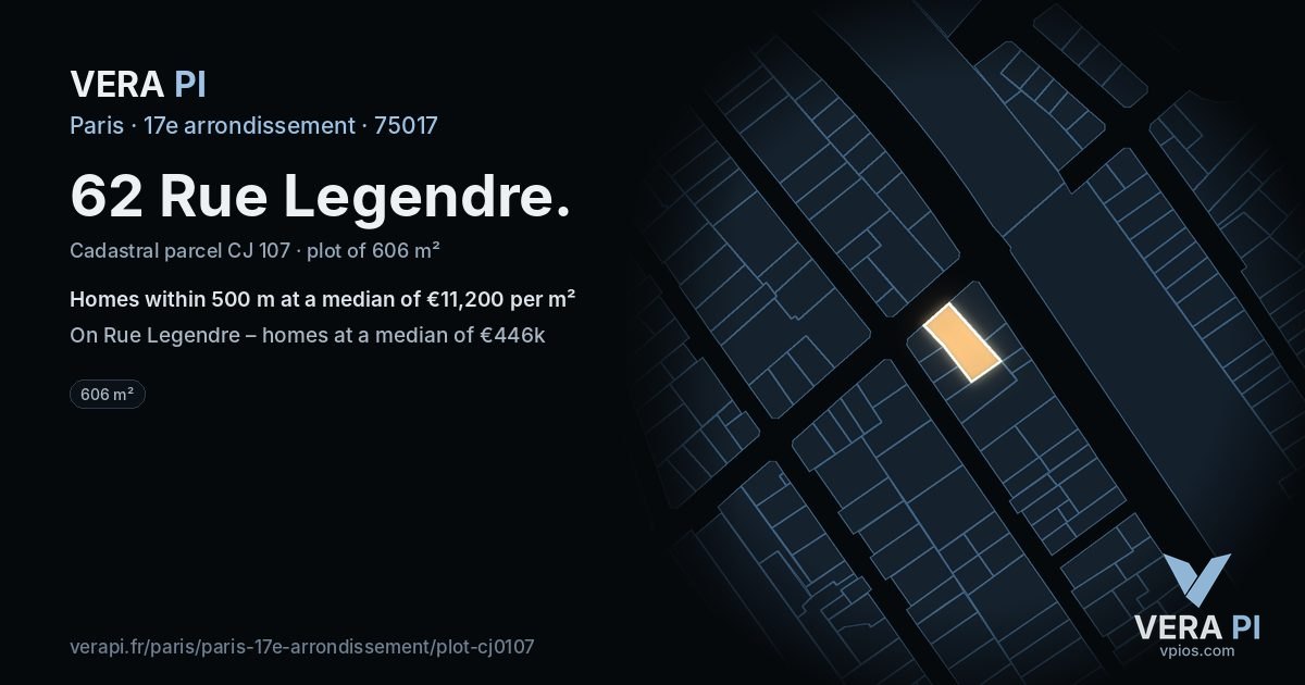 62 Rue Legendre, 17e arrondissement at night – the plot lit, the parcels around coloured by the prices near them