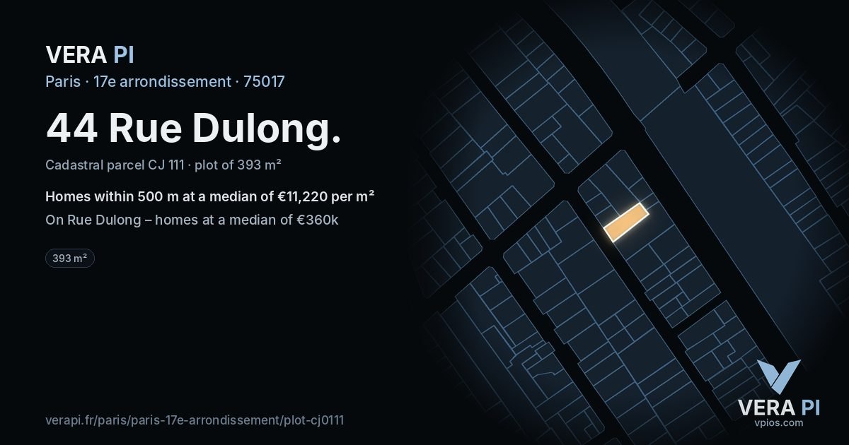 44 Rue Dulong, 17e arrondissement at night – the plot lit, the parcels around coloured by the prices near them