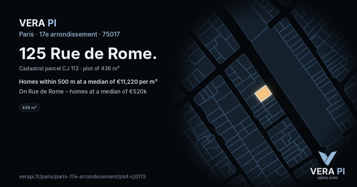 125 Rue de Rome, 17e arrondissement at night – the plot lit, the parcels around coloured by the prices near them