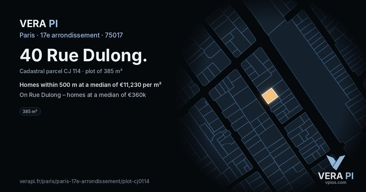 40 Rue Dulong, 17e arrondissement at night – the plot lit, the parcels around coloured by the prices near them