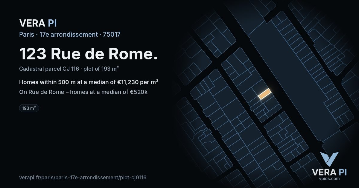 123 Rue de Rome, 17e arrondissement at night – the plot lit, the parcels around coloured by the prices near them