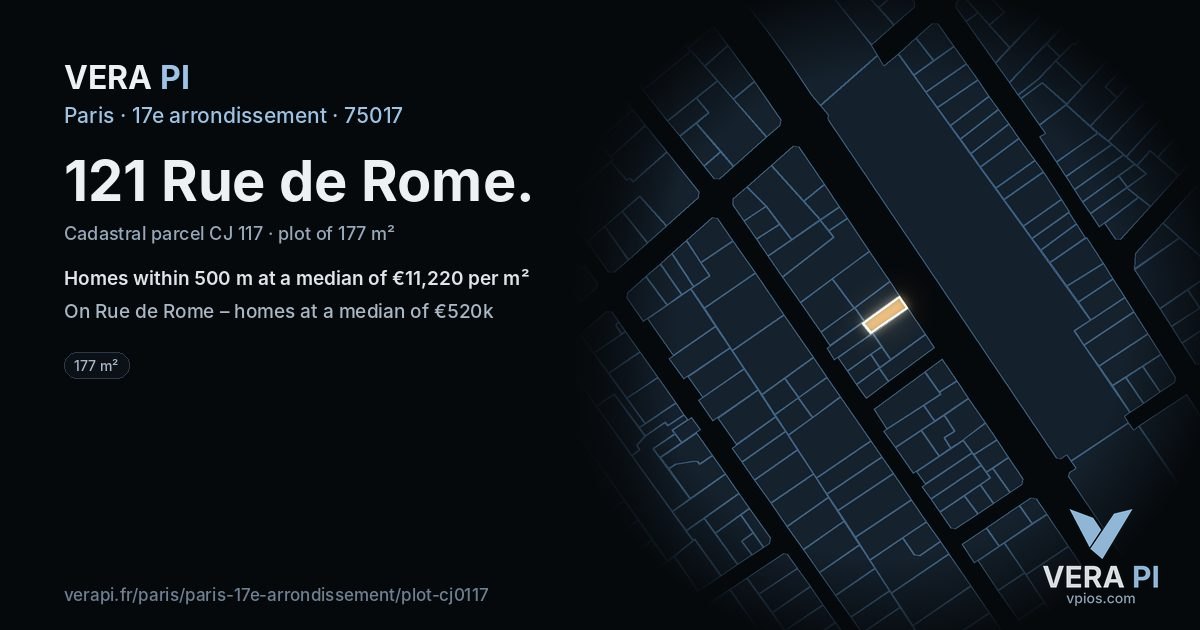 121 Rue de Rome, 17e arrondissement at night – the plot lit, the parcels around coloured by the prices near them