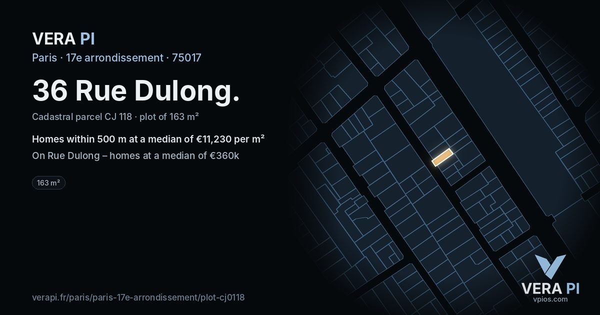 36 Rue Dulong, 17e arrondissement at night – the plot lit, the parcels around coloured by the prices near them