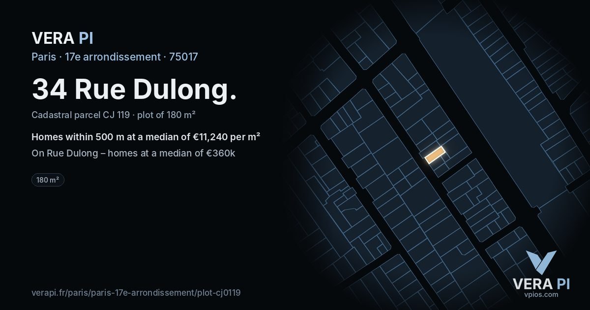 34 Rue Dulong, 17e arrondissement at night – the plot lit, the parcels around coloured by the prices near them