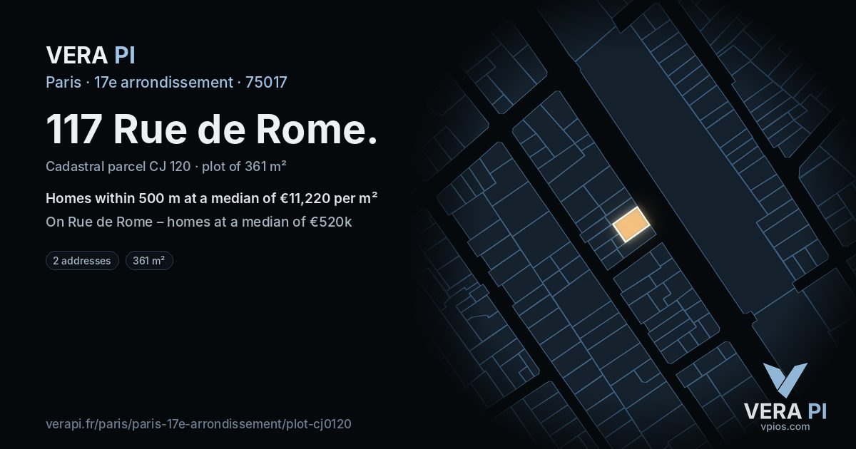 117 Rue de Rome, 17e arrondissement at night – the plot lit, the parcels around coloured by the prices near them