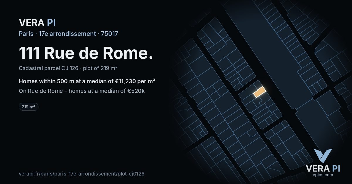 111 Rue de Rome, 17e arrondissement at night – the plot lit, the parcels around coloured by the prices near them