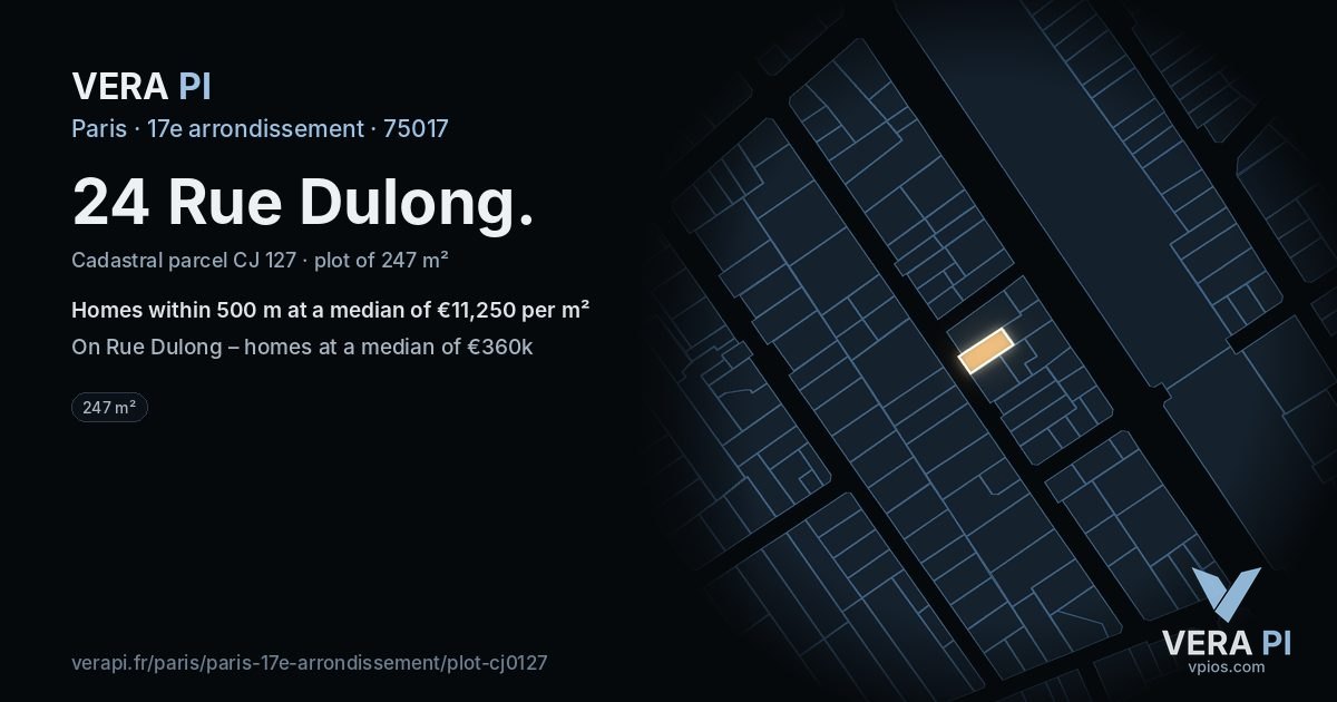 24 Rue Dulong, 17e arrondissement at night – the plot lit, the parcels around coloured by the prices near them