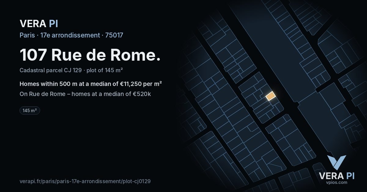 107 Rue de Rome, 17e arrondissement at night – the plot lit, the parcels around coloured by the prices near them
