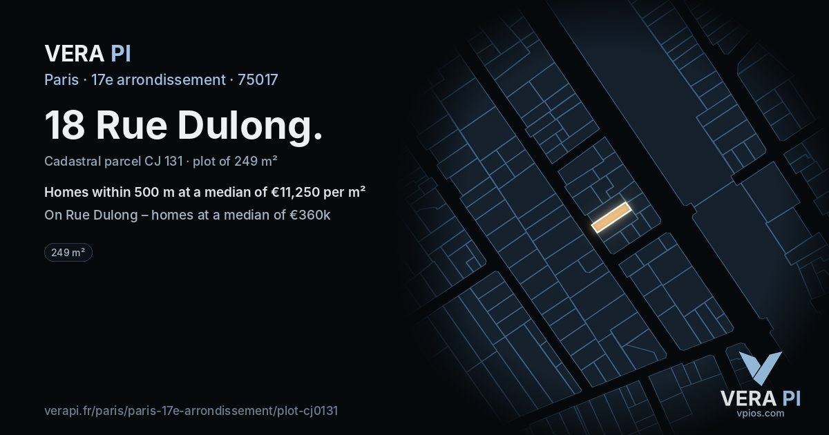 18 Rue Dulong, 17e arrondissement at night – the plot lit, the parcels around coloured by the prices near them