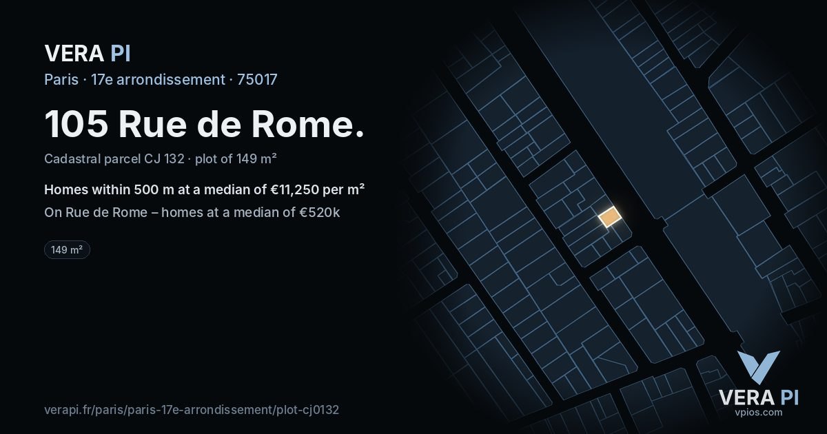 105 Rue de Rome, 17e arrondissement at night – the plot lit, the parcels around coloured by the prices near them