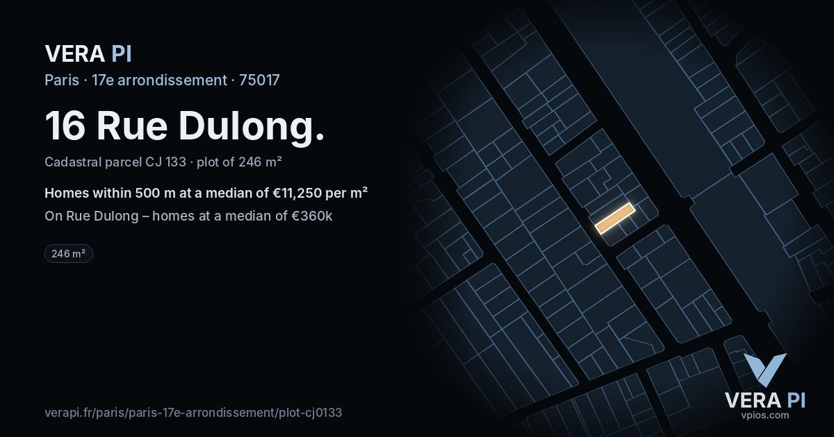 16 Rue Dulong, 17e arrondissement at night – the plot lit, the parcels around coloured by the prices near them