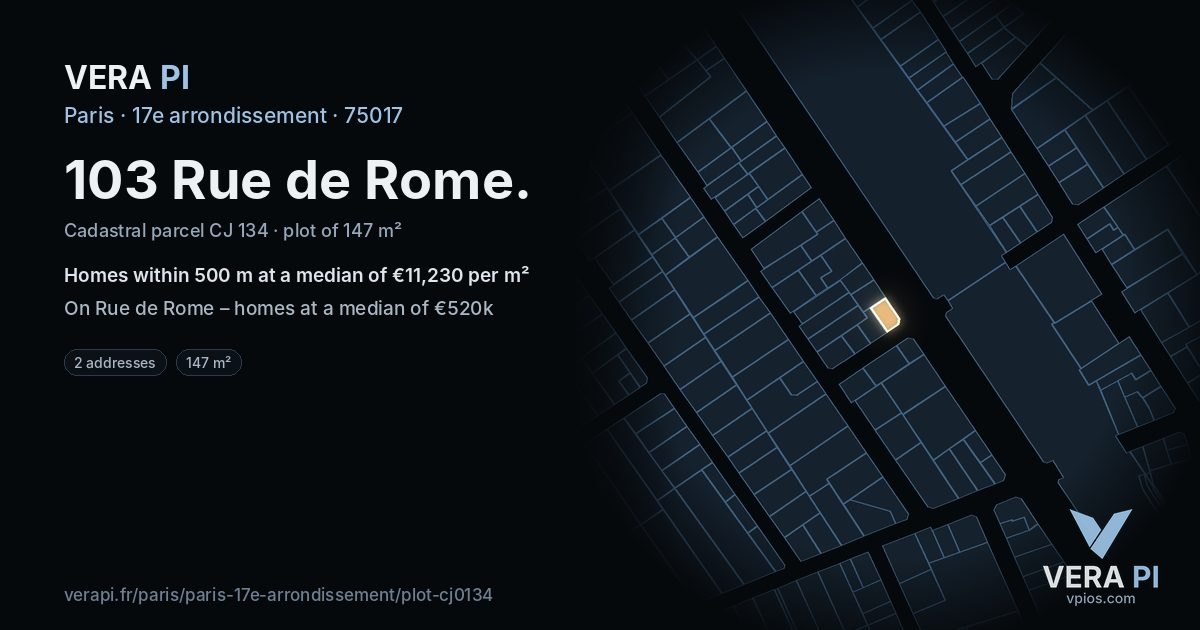 103 Rue de Rome, 17e arrondissement at night – the plot lit, the parcels around coloured by the prices near them