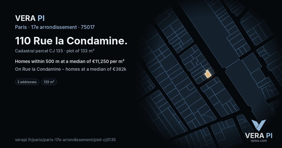 110 Rue la Condamine, 17e arrondissement at night – the plot lit, the parcels around coloured by the prices near them