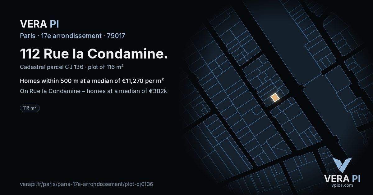112 Rue la Condamine, 17e arrondissement at night – the plot lit, the parcels around coloured by the prices near them