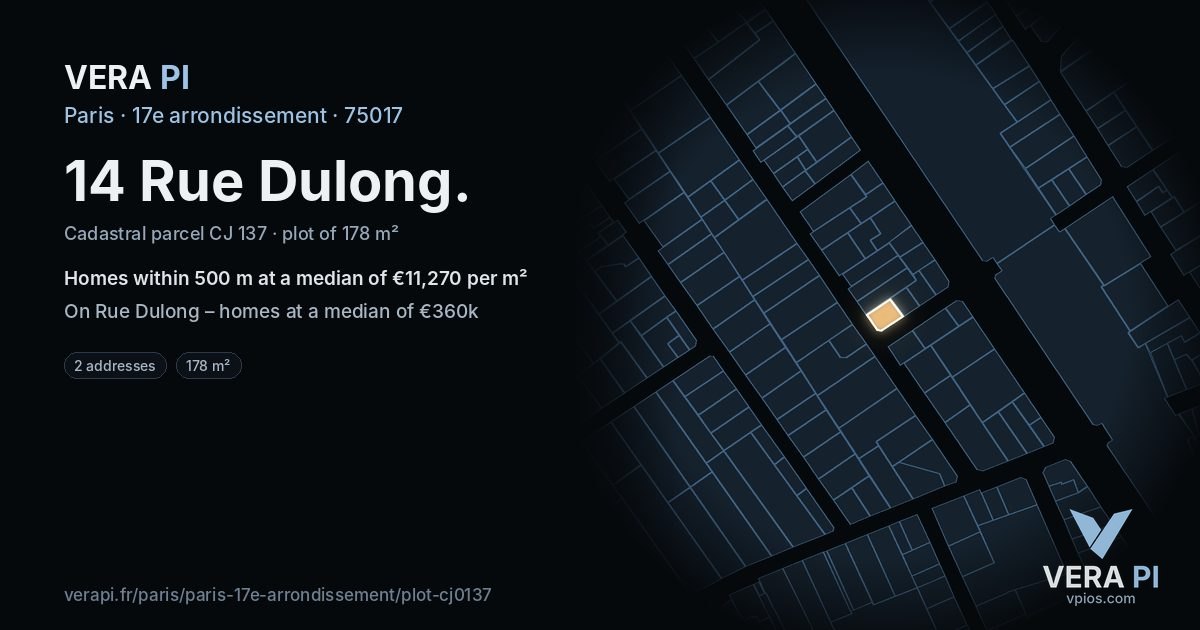 14 Rue Dulong, 17e arrondissement at night – the plot lit, the parcels around coloured by the prices near them