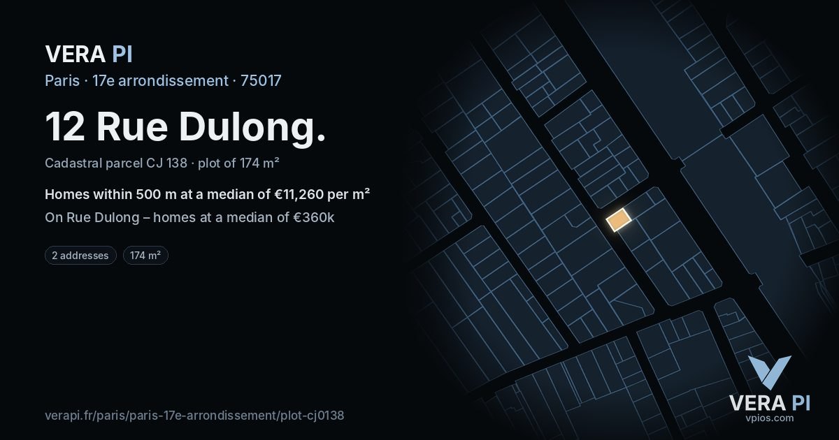 12 Rue Dulong, 17e arrondissement at night – the plot lit, the parcels around coloured by the prices near them