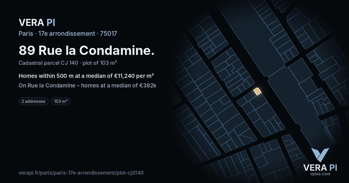 89 Rue la Condamine, 17e arrondissement at night – the plot lit, the parcels around coloured by the prices near them
