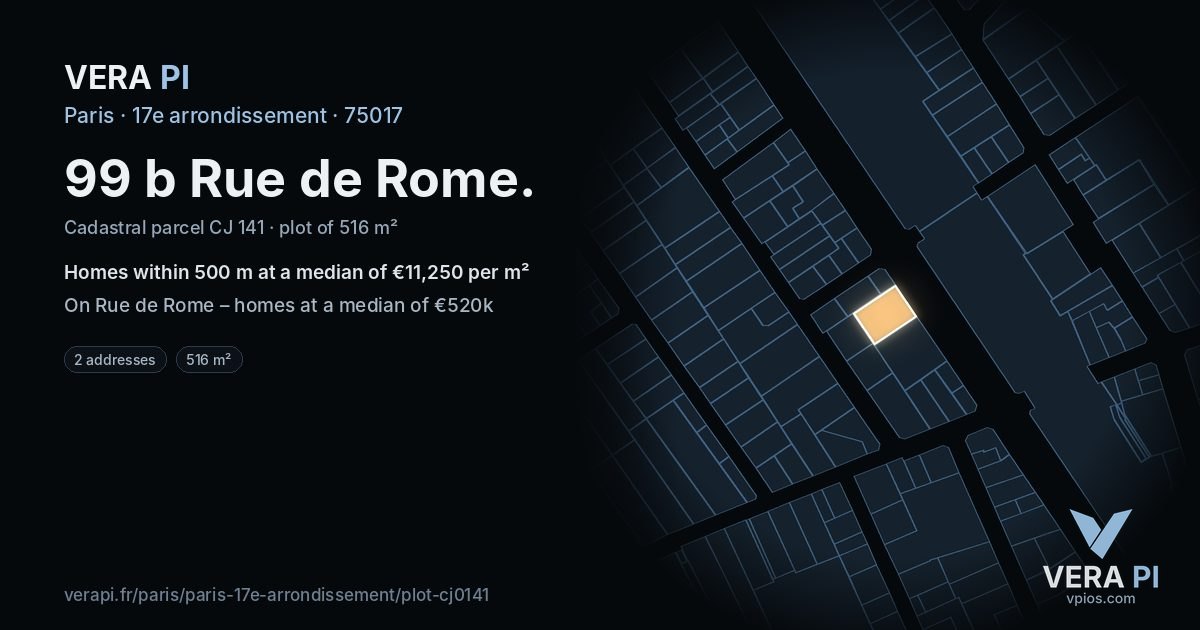 99 b Rue de Rome, 17e arrondissement at night – the plot lit, the parcels around coloured by the prices near them