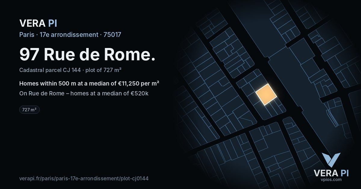 97 Rue de Rome, 17e arrondissement at night – the plot lit, the parcels around coloured by the prices near them