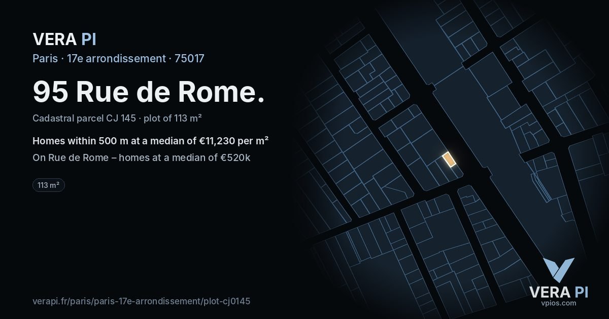 95 Rue de Rome, 17e arrondissement at night – the plot lit, the parcels around coloured by the prices near them