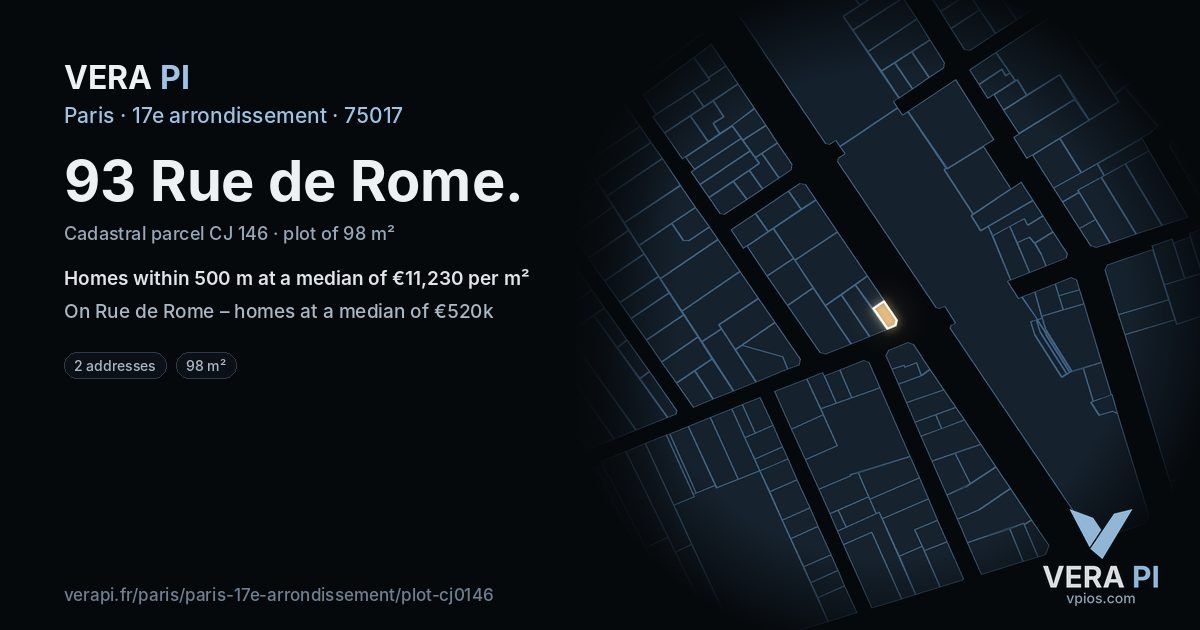 93 Rue de Rome, 17e arrondissement at night – the plot lit, the parcels around coloured by the prices near them