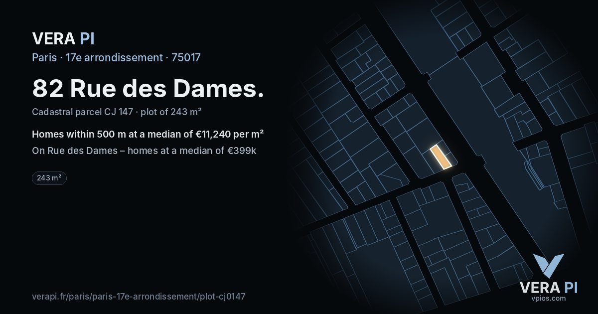 82 Rue des Dames, 17e arrondissement at night – the plot lit, the parcels around coloured by the prices near them