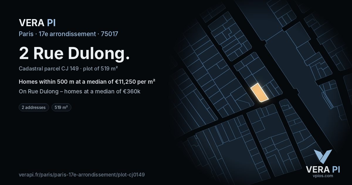 2 Rue Dulong, 17e arrondissement at night – the plot lit, the parcels around coloured by the prices near them