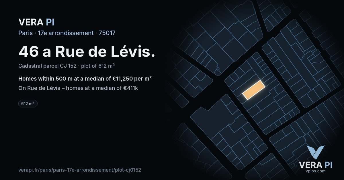 46 a Rue de Lévis, 17e arrondissement at night – the plot lit, the parcels around coloured by the prices near them
