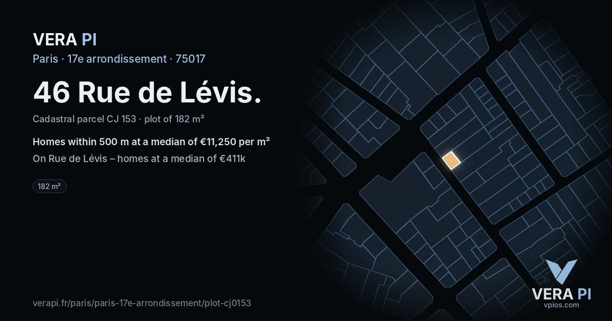 46 Rue de Lévis, 17e arrondissement at night – the plot lit, the parcels around coloured by the prices near them