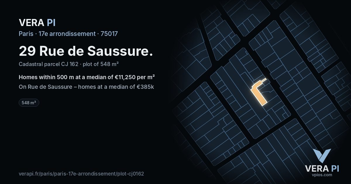 29 Rue de Saussure, 17e arrondissement at night – the plot lit, the parcels around coloured by the prices near them
