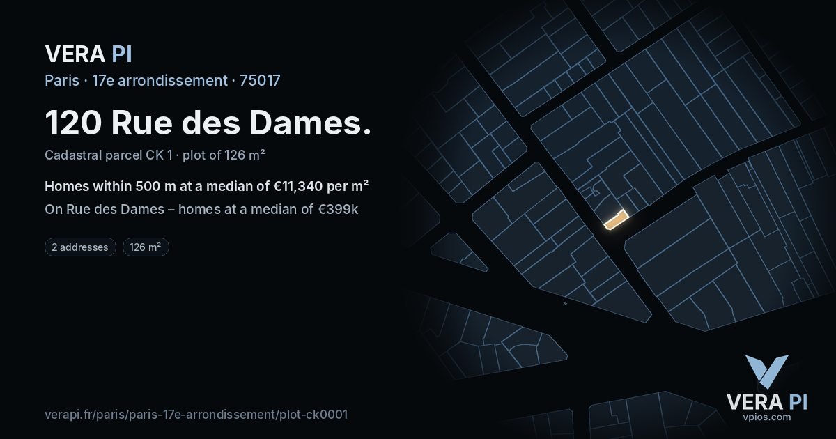 120 Rue des Dames, 17e arrondissement at night – the plot lit, the parcels around coloured by the prices near them
