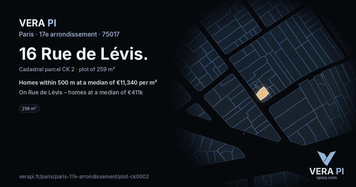 16 Rue de Lévis, 17e arrondissement at night – the plot lit, the parcels around coloured by the prices near them